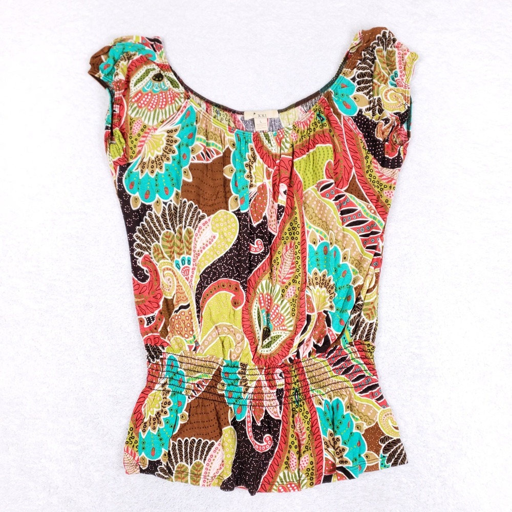 XXI Forever 21 Paisley Smocked Blouse L Rayon Boho Festival Flutter Sleeve Top